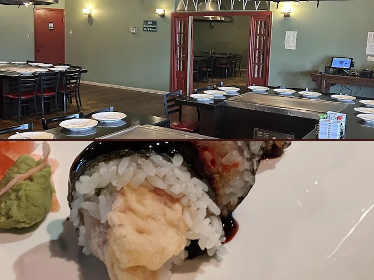 Hibachi grill with plated Japanese dishes