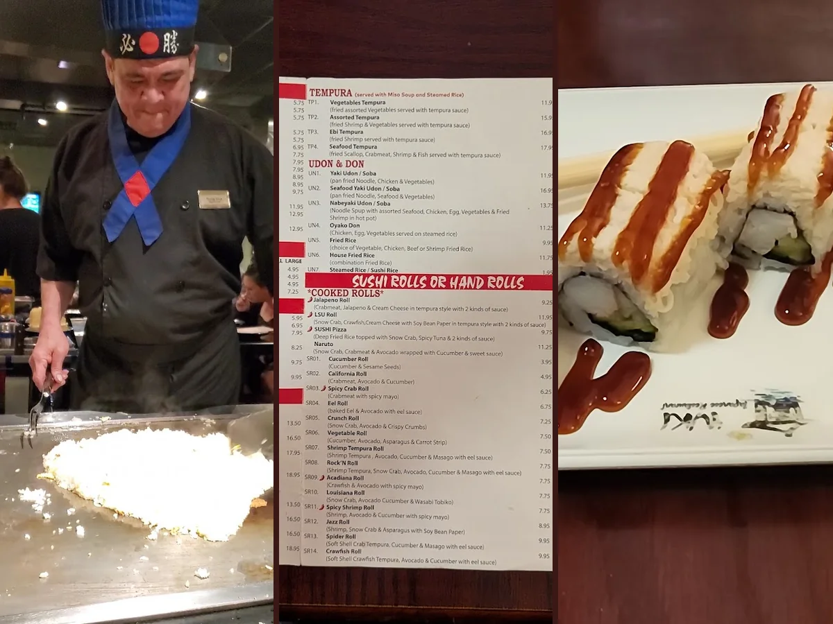 Hibachi grill with plated Japanese dishes