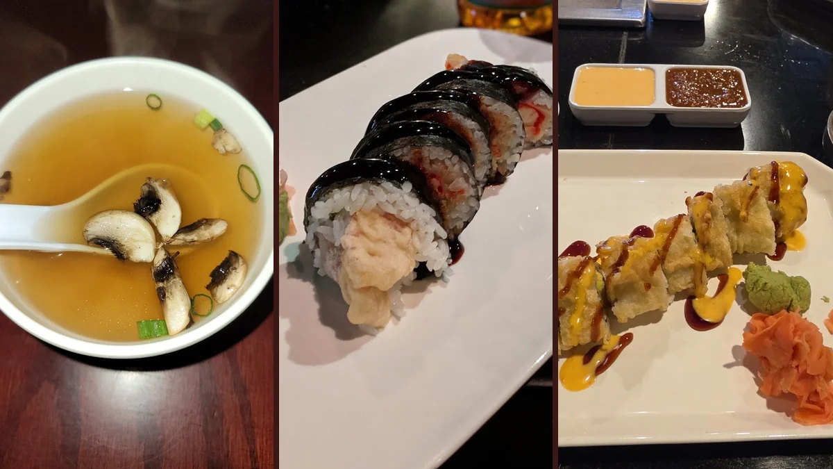 Sushi rolls arranged on a restaurant table