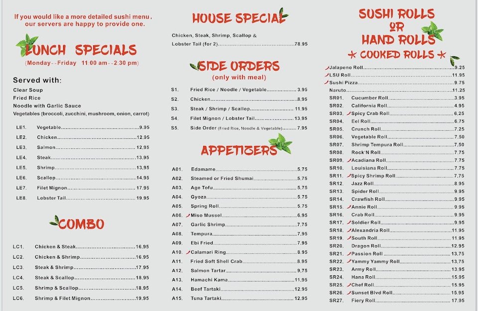 Menu page with hibachi and sushi options