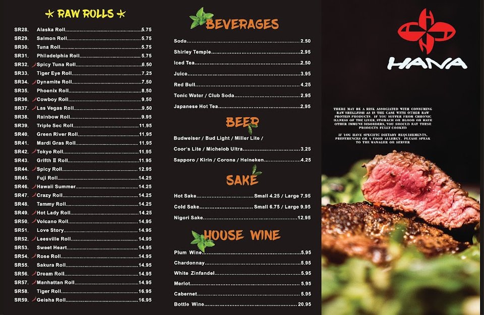 Printed menu with rolls and grilled meats